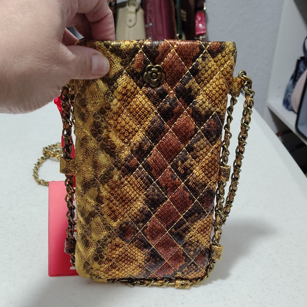Quilted Snake-Print Crossbody Phone Bag in Gold and Brown Montana West